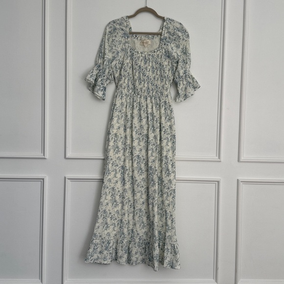 Worth Collective Cream and Blue Floral Smocked Midi Dress - Picture 3 of 5